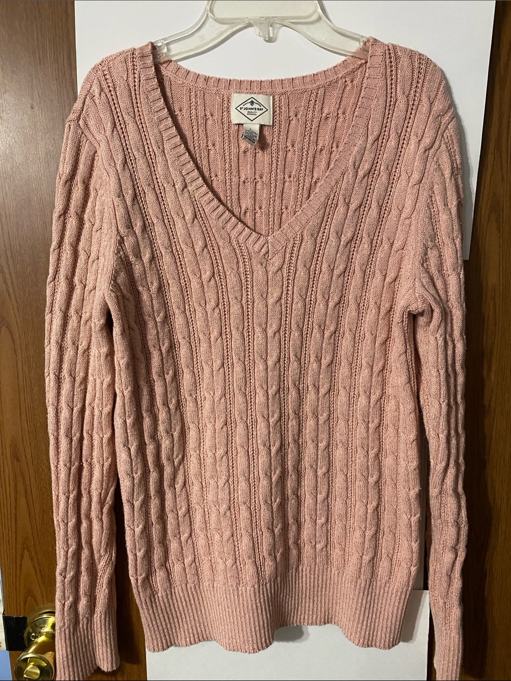 St. John's Bay Cable Knit V-Neck Sweater - Dusty Rose Pink with gold glitter.